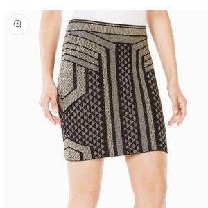 BCBGMAXAZRIA SKIRT JOSA BLACK/GOLD GEOMETRIC JACQUARD SIZE EXTRA EXTRA SMALL